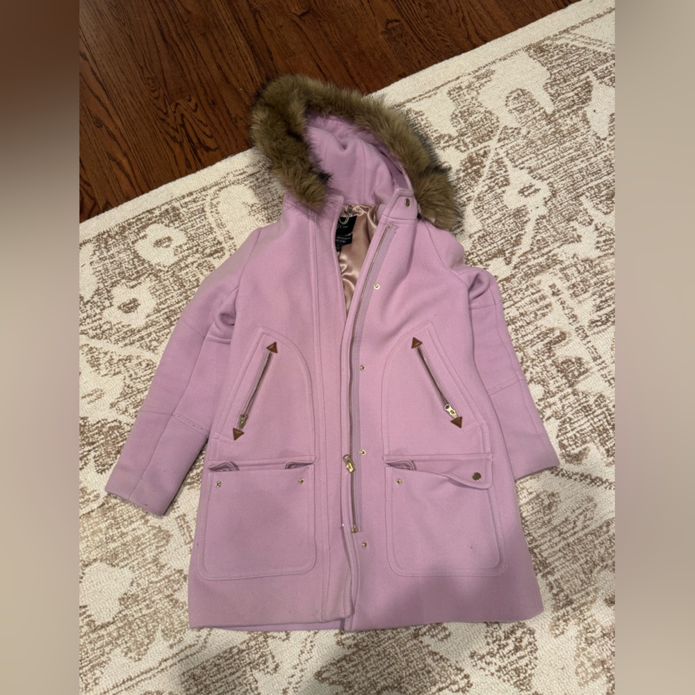 Stylish Lavender Coat with Faux Fur Hood